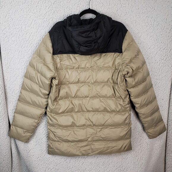 Reebok Down Puffer Jacket Mens M Tan Black Hooded Warm Functional Hiking 44x31 - Picture 2 of 11